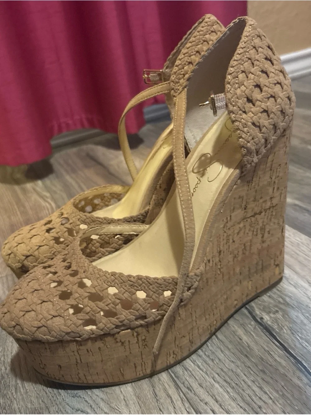 Jessica Simpson Tan Crochet Wedge Sandals with Cork Platform